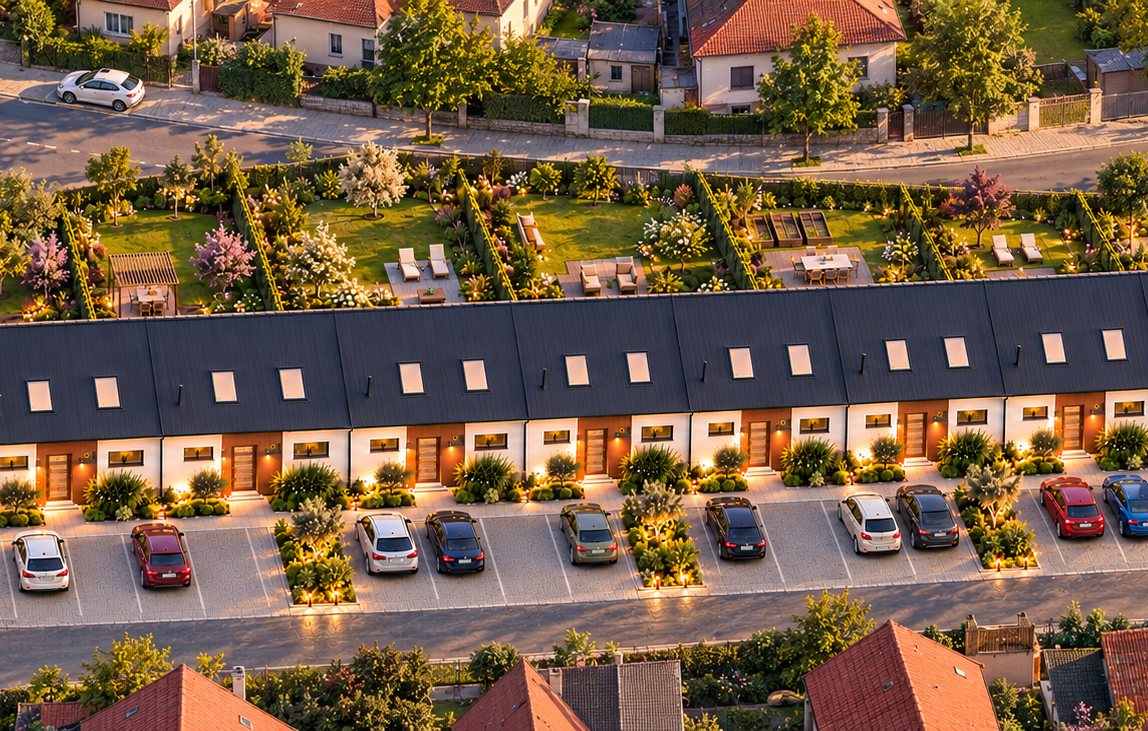 Letecká vizualizace řady řadových domů Rezidence Hostouň se zahradami a parkováním v obci